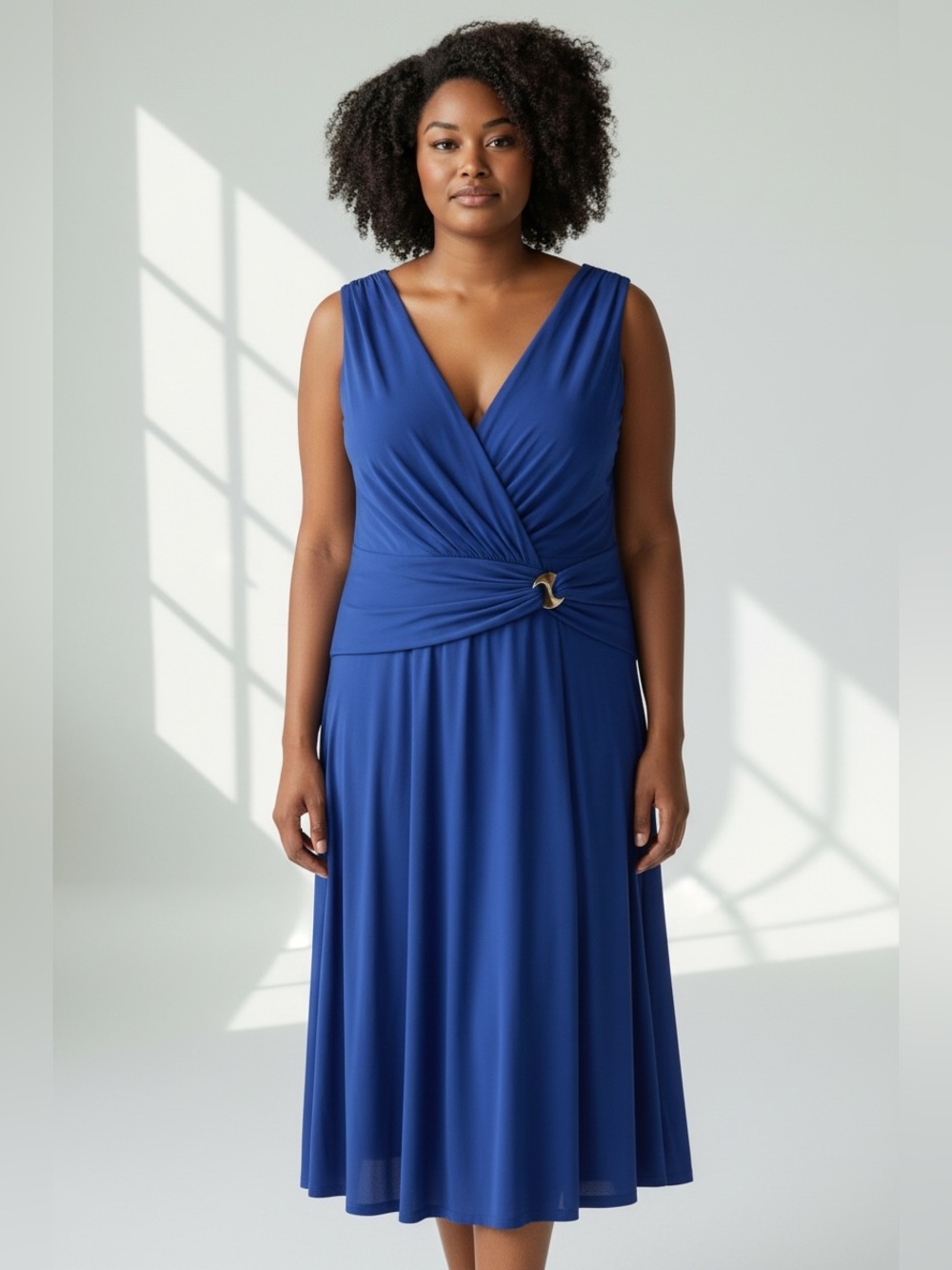 Anne Klein Cobalt Blue Faux-Wrap Midi Dress with Knot Accent